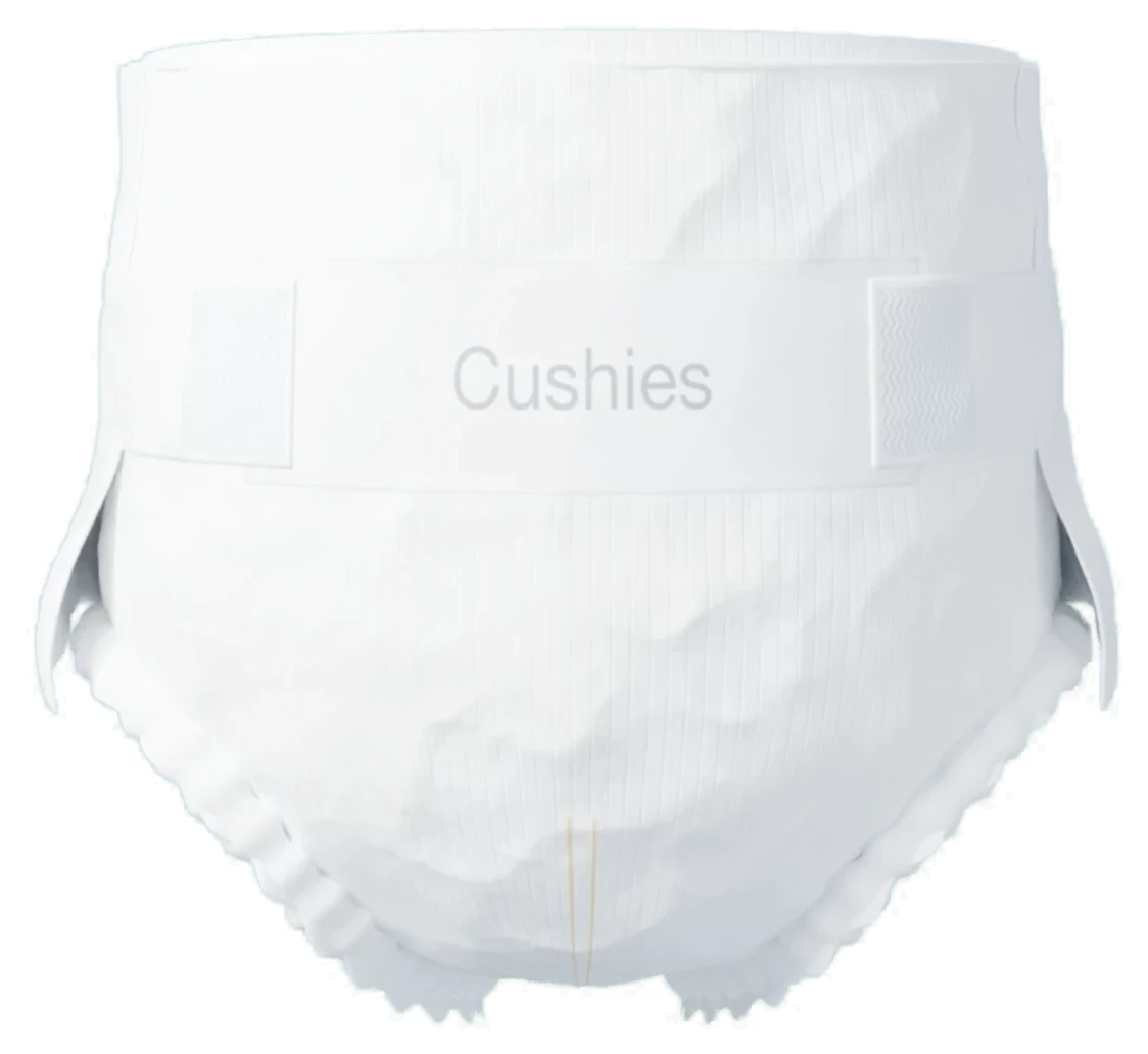 Cushies baby tape diaper, front view with stretch tapes