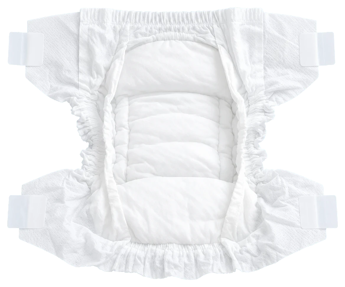 Cushies newborn diaper opened flat, showing the soft absorbent core and leg cuffs